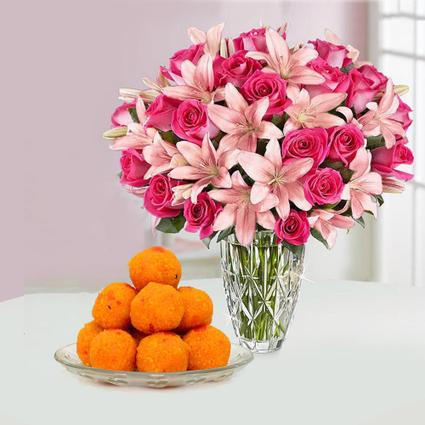 Laddu, Roses & Lily in Vase